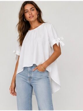 ZARA White High Low Blouse Bow Tie Sleeves Oversized Top Size S